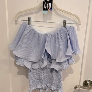 Vintage Light Blue Off The Shoulder Ruffle Blouse